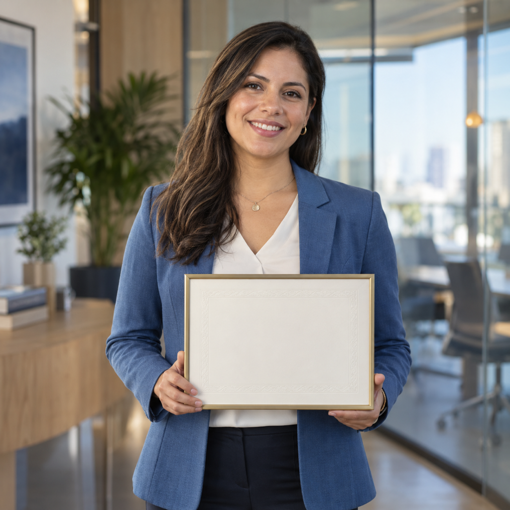 Profesional sonriendo con su certificado internacional